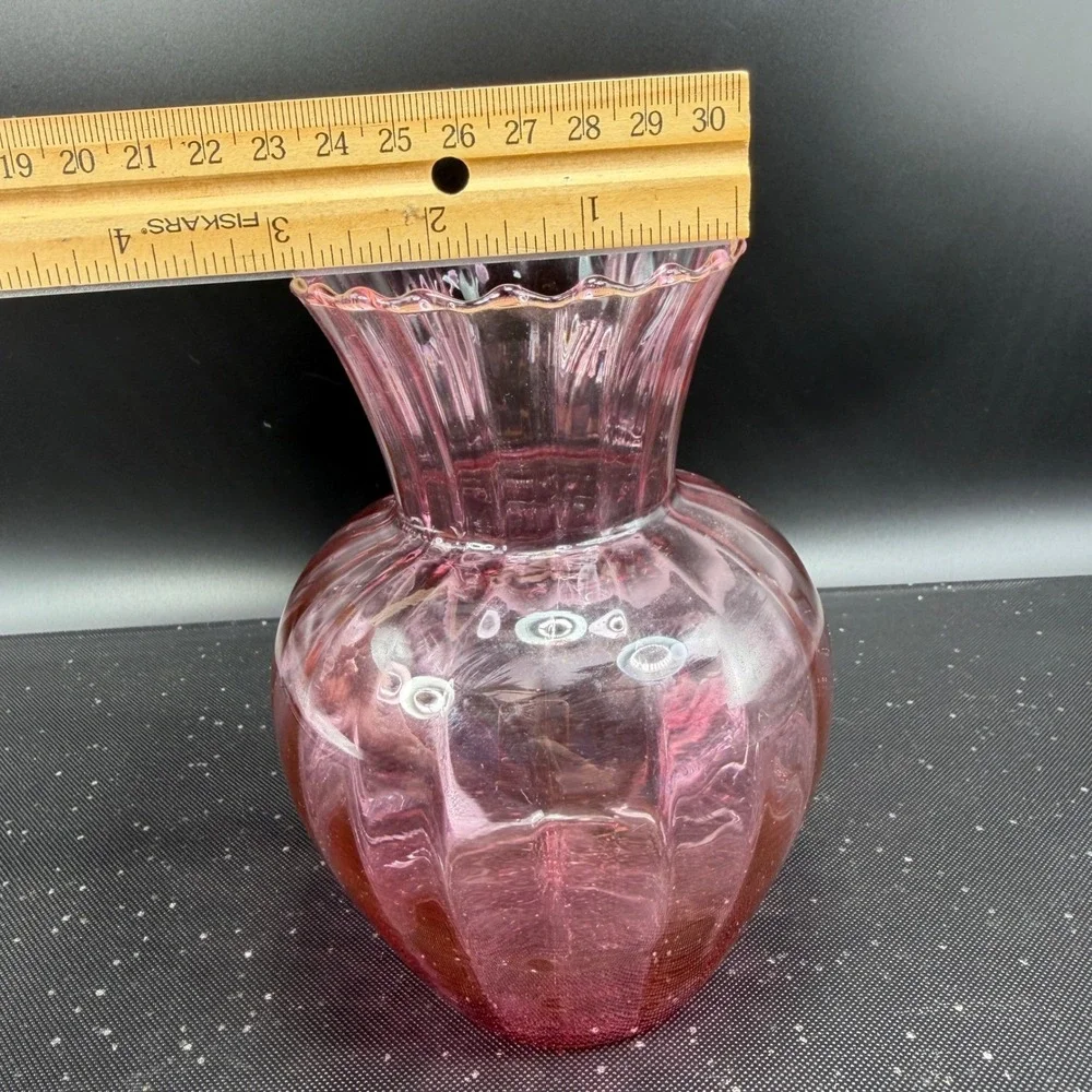 Vintage Pilgrim Glass Cranberry Pink Hand Blown Glass Vase Optic Rib Ruffled Rim